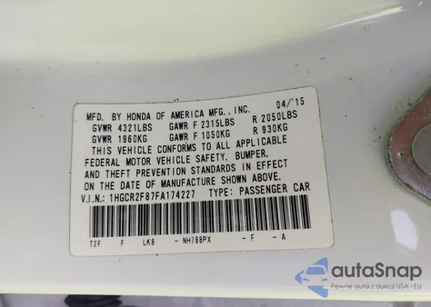 2015 Honda Accord Ex-L из США, поврежденный, VIN 1HGCR2F87FA174227